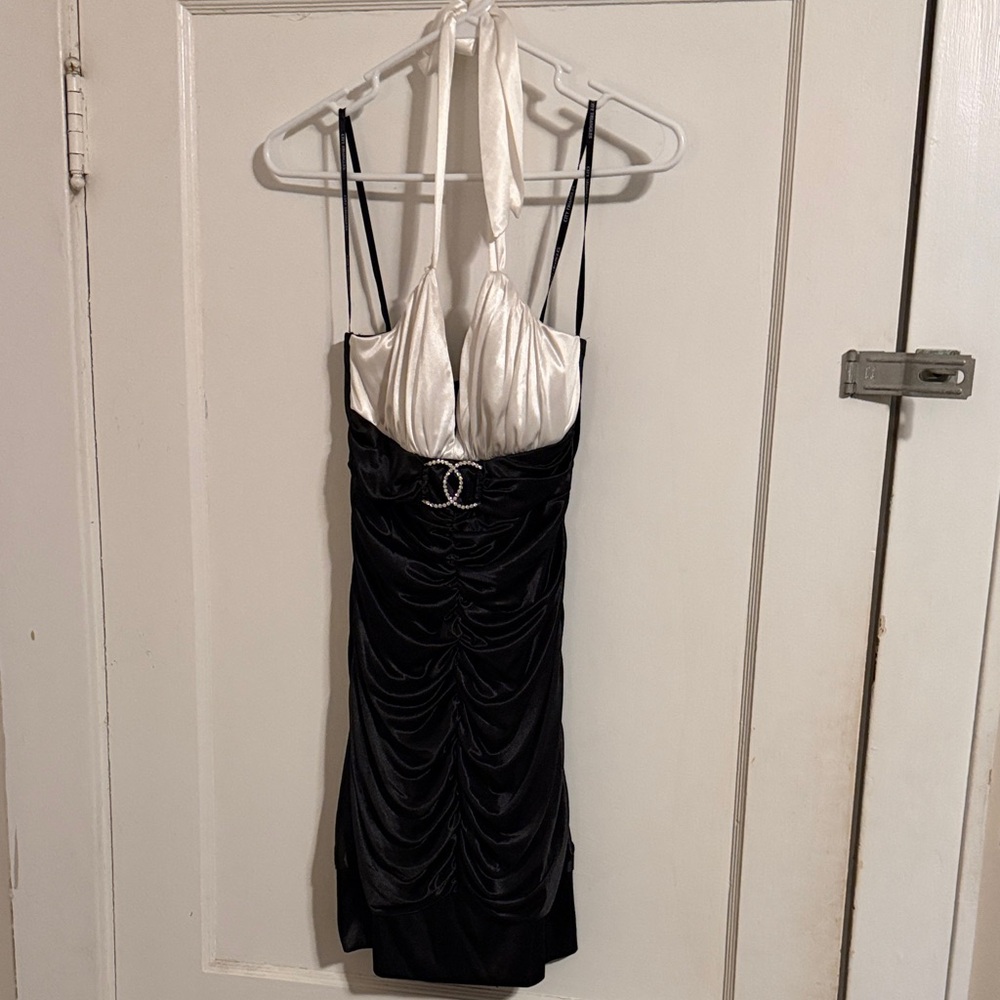 Elegant Black and White Halter Dress
